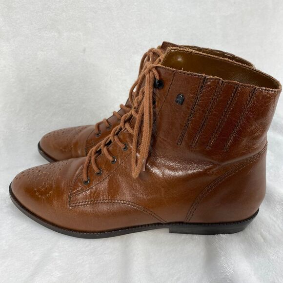 Etienne Aigner Brown Leather Ankle Boots Womens 7.5‎ Lace Up Combat Booties-flaw - Picture 10 of 16